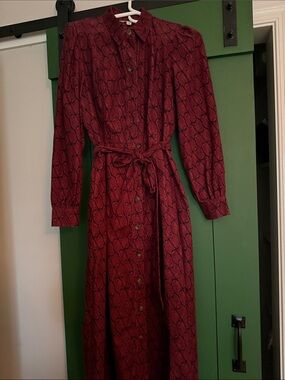 Boden Burgundy and Navy Owl-Print Long-Sleeve Button Front Maxi Dress